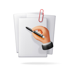 Poster - 3d white blank paper page and hand with pen isolated. Render heap of paper sheet and pen. Empty document, mail, notes or letters mockup. Vector illustration