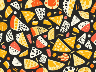 Aufkleber - vibrant seamless pattern featuring various cheese slices in flat colors, creating playful and highly detailed design on dark background