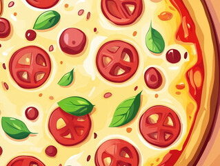 Aufkleber - delicious pizza pattern with pepperoni slices, fresh basil leaves, and golden crust, depicted in highly detailed, flat color style. Perfect for seamless background
