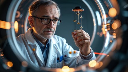 Poster - scientist conducts experiments with pendulum inside a laboratory at night