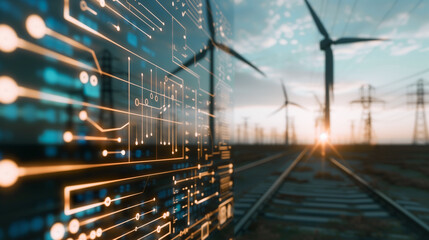 Poster - Eco-Tech Fusion: A captivating image illustrating the convergence of sustainable energy and cutting-edge technology, featuring wind turbines, power lines, train tracks, and a circuit board overlay.