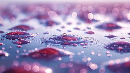 Poster - Droplets of water form ripples on a surface covered with vibrant red elements in a serene setting