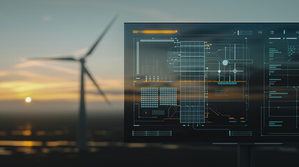 Poster - wind energy monitoring: high-tech computer screen displaying data related to wind turbine operation,
