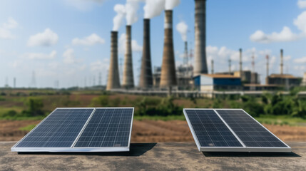 Poster - Solar Panels vs. Pollution: An environmental juxtaposition of clean energy with solar panels and traditional power plant with smokestacks in background. representing contrasting future energy.