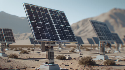 Poster - Solar Power in Arid Landscape: A series of solar panels bask in the desert sun, signifying the power of renewable energy harnessing a bright future. 