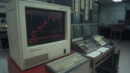 Poster - Retro Tech Data Room: Inside a vintage data control room, a retro computer monitor displays a red line graph, surrounded by an array of older monitors, consoles, and keyboard.