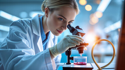 Poster - scientist observes samples through a microscope in a high-tech laboratory during the afternoon
