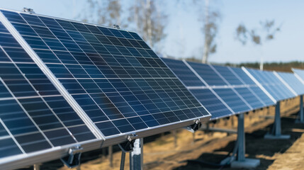 Poster - Solar Power Array: Photorealistic close-up of a series of solar panels, basking in the sunlight. capturing the essence of clean, sustainable, energy solutions.