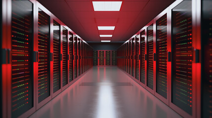 Fototapete - Data Center's Red Glow: A long corridor of server racks bathed in a captivating red light, the essence of modern technology and information storage.