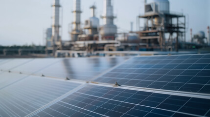 Poster - solar panels powering the future: a close-up of photovoltaic solar panels in the foreground contrast