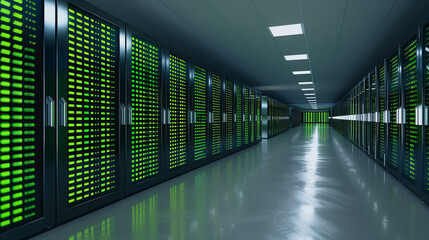 Poster - Data Center Corridor: A cutting-edge data center corridor is captured, showcasing a row of sleek servers and equipment in a technologically advanced environment.