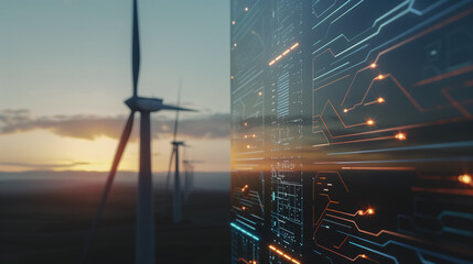 Poster - renewable energy and technology: the image showcases a wind farm on the left and an abstract circuit