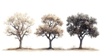 three distinct watercolor trees displaying a light color palette