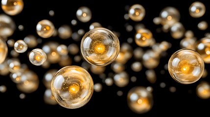 Poster - Transparent spheres with illuminated centers float on black background