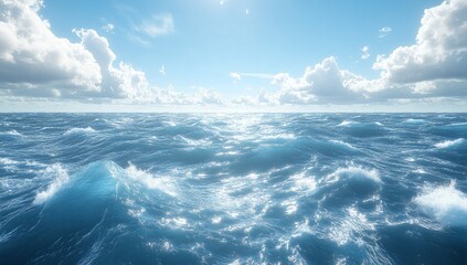 a breathtaking view of a vast ocean under a bright, sunny sky. the deep blue waters are gently distu
