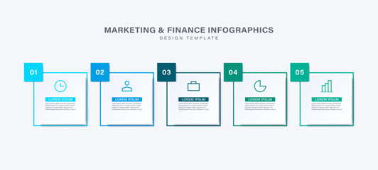 Poster - simple business infographic with 5 parts or steps and icons, text, numbers.