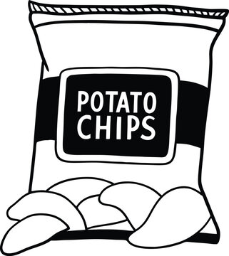 Illustration of a Packet of Potato Chips in Black and White Outline Style
