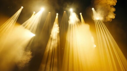 Poster - Dramatic Performance Bright Beams of Light Illuminate Smoky Atmosphere, Creating Golden Hues of Excitement and Energy on Stage