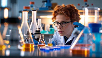 Poster - scientist conducting experiments with colorful liquids in a modern laboratory