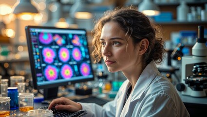 Poster - Researching biology in a modern laboratory with a young scientist observing data on the computer screen