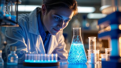 Poster - scientist conducts experiment in laboratory with glowing solution during nighttime research session