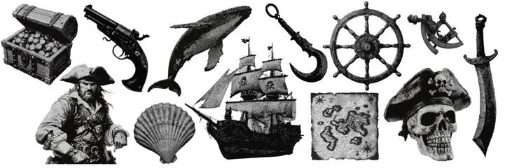 Wall Mural - Set of pirate halftone grunge vector design elements