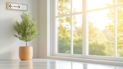 Poster - A serene indoor scene featuring a potted plant by a sunlit window with a minimalist design and directional sign on the wall.