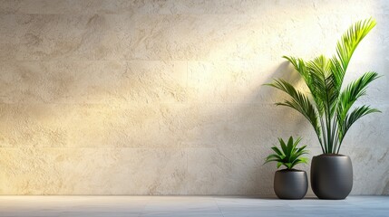 Poster - Minimalist interior featuring potted plants against a textured wall, creating a serene and modern atmosphere.