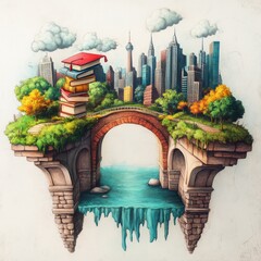 Poster - Bridging Knowledge and Urban Landscapes: A Conceptual Artwork Featuring a Cityscape, Books, and a Bridge