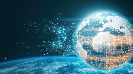 Aufkleber - Digital globe with dynamic lines, representing global connectivity and technology, set against a dark background.