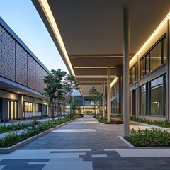 Aufkleber - modern architecture: a serene outdoor walkway at dusk, featuring clean lines, illuminated overhangs,