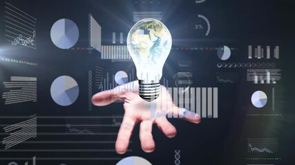 Poster - Hand holding glowing light bulb over digital data and graphs animation