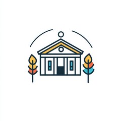Poster - Stylized Government Building Icon with Ornamental Trees and Semi-Circular Line Design