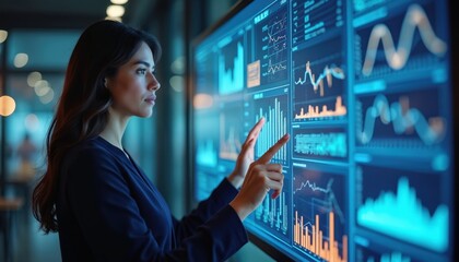 Poster - Businesswoman operating touch screen display data charts, graphs. Woman points fingers at financial information. Modern office background, management, strategy, investment, economic, financial growth.