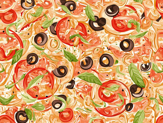 Aufkleber - vibrant pattern of pizza toppings including tomatoes, olives, and basil leaves creates lively and appetizing design. seamless arrangement is colorful and detailed, perfect for food themed decor