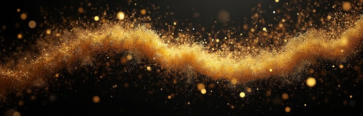 Poster - Golden glitter falls black background. Gold dust, sparkle, confetti, stars, glow effect on dark backdrop. Luxury, festive, holiday design. Sparkles, bokeh, flare lights. New Year celebration.