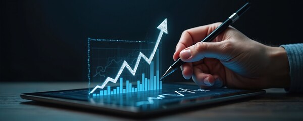 Poster - hand draws growth chart with pen over digital tablet screen. business graph shows financial progress