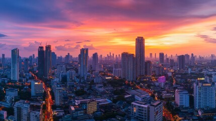 Aufkleber - An aerial shot of the Bangna Kauda area during sunset, showcasing the stunning skyline, vibrant colors, and the hustle and bustle of the city coming alive in the evening.