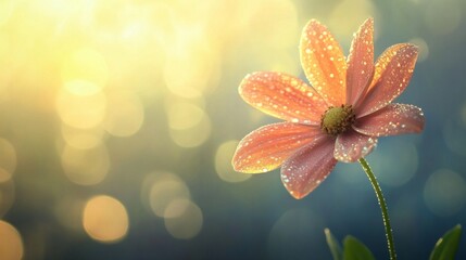 Poster - An artistic composition of a single flower stem with dew-covered petals against a blurred background, capturing the freshness of nature and the beauty of early mornings.