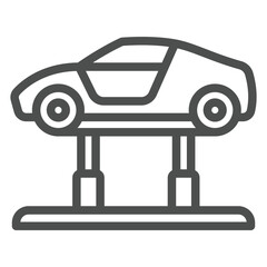 Poster - Lifting crane with car line icon, car service concept. Vector graphics. Automobile inspection and repairing sign on white background, outline style icon for mobile or web design.