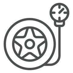 Poster - Car wheel tire with pressure gauge line icon, car service concept. Vector graphics. Changing tires air pressure sign on white background, outline style icon for mobile or web design.