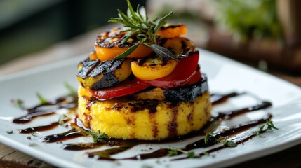 Poster - A beautifully plated polenta dish, layered with grilled vegetables and drizzled with balsamic reduction, showcasing a vibrant and colorful presentation.