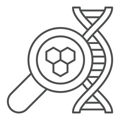 Poster - DNA chain cells with magnifier thin line icon, genetic research concept. Vector graphics. Magnifying glass and DNA structure sign on white background, outline style icon for mobile or web design.
