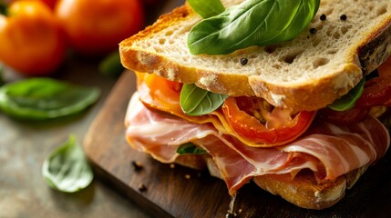 Poster - A close-up of a delicate sandwich made with crusty bread, layered with Prosciutto di Parma, fresh basil, and heirloom tomatoes, showcasing fresh and flavorful ingredients.