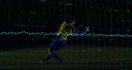 Poster - Goalkeeper in action with data processing animation over soccer field