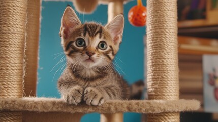 Poster - A playful scene of a kitten exploring a multi-level cat house, filled with scratching posts and hanging toys, capturing the curiosity and energy of young cats.