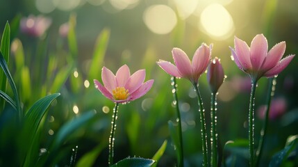 Poster - A tranquil garden scene featuring various blooming flowers, each adorned with delicate dew drops, reflecting the soft morning light and creating a serene atmosphere.