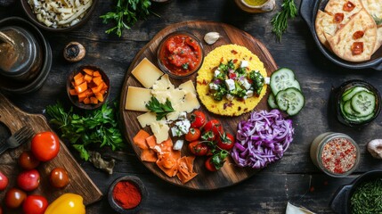 Poster - A vibrant overhead shot of a polenta board with different toppings, including cheese, vegetables, and sauces, inviting viewers to explore the diverse flavors.
