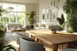 © KPMusa - An elegant open-concept dining area with a wooden dining table surrounded by modern chairs, connecting to a light-filled living room