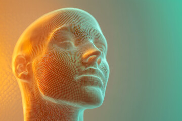 Poster - A captivating wireframe visualization of a human head, representing technological advancement and conceptual identity in detail.